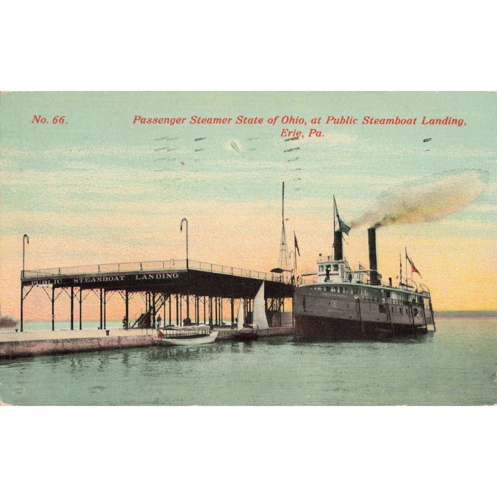 Passenger Steamer State of Ohio Public Steamboat Landing Erie PA Vtg Postcard